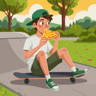 Rahatlamış bir çocuk açık havada kaykayın üzerinde otururken pizza dilimlerinden zevk alır. Gençlik özgürlüğünü ve rahatlığı resmetmek için birebirdir..