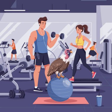 Bir akbaba spor salonunda egzersiz yaparken insanları gözlemler. Bu vahşi yaşam ve zindelik temalı kavramlar için harikadır..
