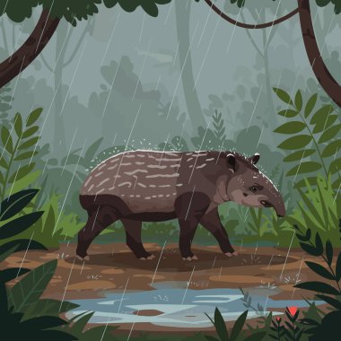 Tapir, yağmura bulanmış ormanda yeşillik ve manzarayı yansıtan bir su birikintisiyle yürüyor. Doğa çizimleri ya da koruma projeleri için kullanın..