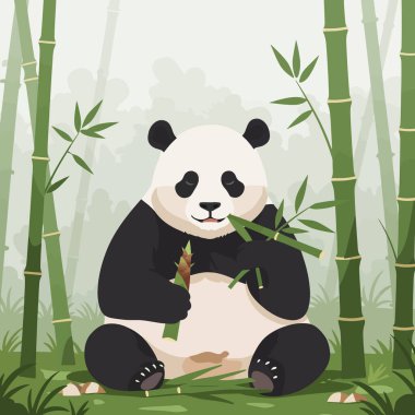 Yeşil ormanda bambu yiyen pandanın vektör grafiği eğitim ve hayvan temalı projeler için mükemmel..