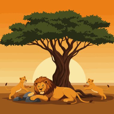 Bir aslan ailesinin büyük bir ağacın altında portakal rengi bir günbatımı arka planında dinlenmesi çocuk kitapları ya da vahşi hayatı korumak için idealdir..