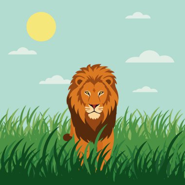 Aslan, pastel bir gökyüzünün altında, parlak bir güneşle uzun yeşil çimenlerin arasında durur. Çocukların çizimleri ve doğa temalı tasarımları için mükemmeldir..