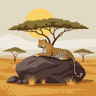 Çizgi film leoparı Afrika savanasının ortasındaki bir kayanın üzerinde dinleniyor. Vahşi yaşamı ve seyahat temaları için harika bir seçim..