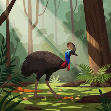 Işık ışınlarıyla yemyeşil bir ormanda gezinen bir cassowary tasviri, doğa temalı projeler ve sanat eserleri için ideal..