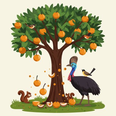 Çizgi film illüstrasyonunda, çocuk resimleri ve doğa temaları için mükemmel bir portakal ağacı, bir cassowary, kuşlar ve sincaplar yer almaktadır..