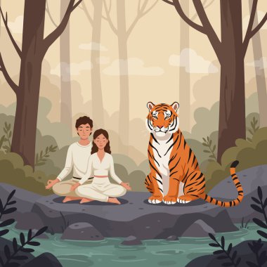 Ormandaki bir nehrin kenarında, sakin bir ortam için kaplanla meditasyon yapıyorlar. Sağlık ve açık hava için birebir..