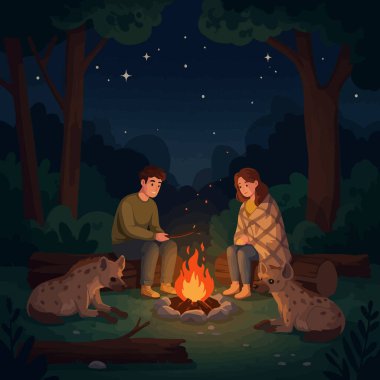 Bir çift, yıldızlı gece gökyüzünün altında vahşi hayvanlarla çevrili bir kamp ateşiyle rahatlar. Doğa ve rahatlama kavramları için mükemmeldir..