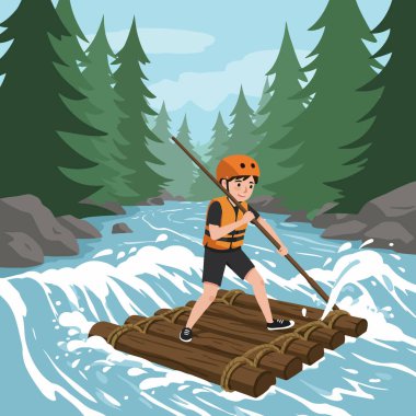 Kişi, güneşli bir günde yemyeşil bir orman manzarasında rafting yapmaktan hoşlanır. Açık hava macera temalı projeler için birebirdir..