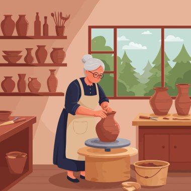 Yaşlı bir kadın stüdyosundaki çömlek çarkında vazo şekillendiriyor, pencerenin dışında sakin bir orman var. Çömlekçilik kavramları için kullanılıyor..