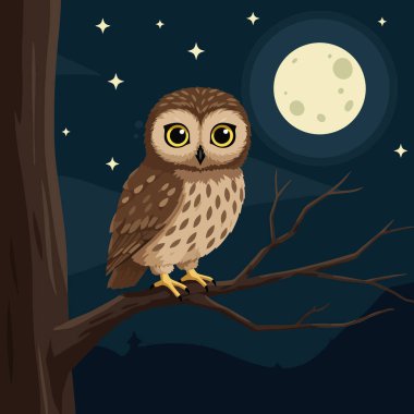 Kahverengi bir baykuş, karanlık bir gece gökyüzünde dalda oturur. Büyük bir ay, çocukların çizimleri için mükemmeldir..