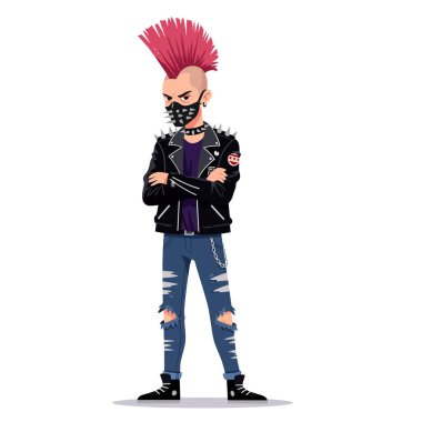 Karakter, kolları çaprazlanmış, punk kıyafetleri ve çivili maske takmış eşsiz karakter tasarımı ve tasarımı için ideal bir tutum sergiliyor..