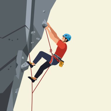 Dik kaya yüzeyine tırmanan bir adam, miğfer takıyor ve emniyet için iple bağlanıyor. Spor ve macera arayışları için kullanılıyor..