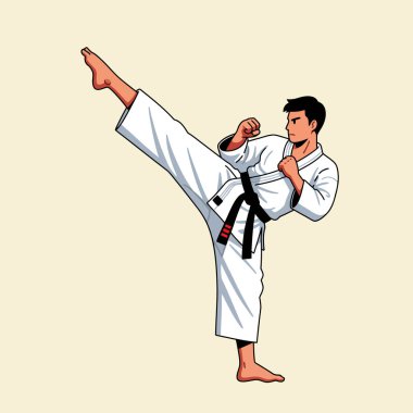 Beyaz giyim ve siyah kuşak giyen bir adam dövüş sanatları becerisi ve disiplini gösteriyor. Fitness veya nefsi müdafaa kavramları için kullanın..