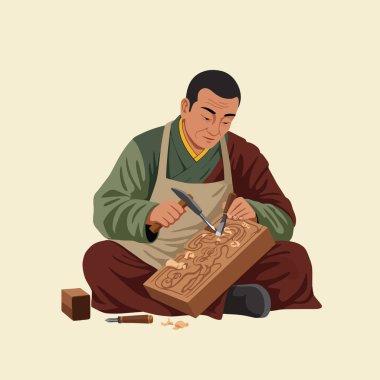 Odaklanmış bir zanaatkar, keski ve çekiç kullanarak odun bloğa karmaşık tasarımlar çizer. Sanat veya kültür teması için uygundur..