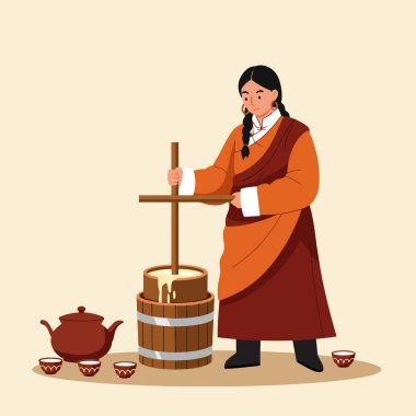 Geleneksel kadın, tereyağını çalkalamak için tarihi ve etnik içerikler için kullanılan fincanlar ve çaydanlığın yanında ahşap bir güveç kullanıyor..