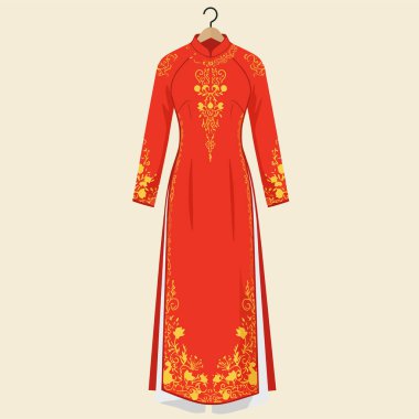 Karmaşık altın rengi çiçekli çarpıcı bir kırmızı elbise zarif bir askıda asılı moda tasarımı ve kültürel temalar için.
