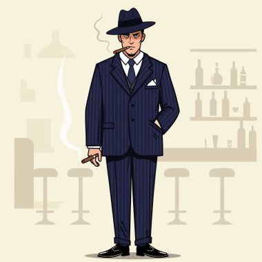 Takım elbiseli bir adam bir bar alanının önünde duruyor, sert görünüyor suç ve eski moda temalar için mükemmel.