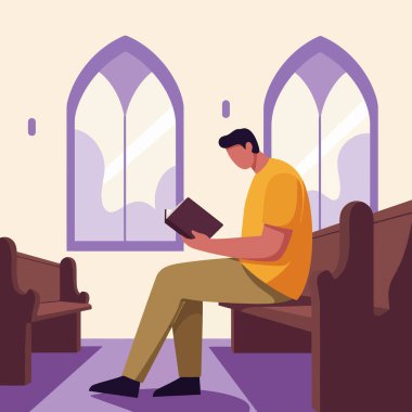 Bir adam pencerenin yanındaki ahşap bir bankta otururken açık bir kitap okuyor; kitap çizimleri ve sessiz zaman kavramları için uygundur.