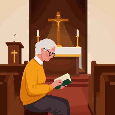 Yaşlı kadın kilisede ahşap bir haç ve mumlarla bir kitap okuyor. İnanç tabanlı çizimler için sakin ve düşünceli bir sahne sunuyor..