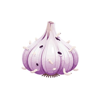 Karikatür sarımsak soğanı kurtçuklar ve deliklerden oluşur ve tarım veya yemek pişirme projelerinde yaşanan bir sorunu sembolize eder..