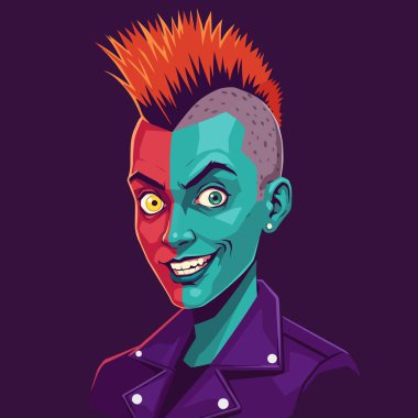 Mohawk ve ceket rengarenk karikatür sanatında sırıtan bir kişi, keskin grafik tasarımlar için harikadır..