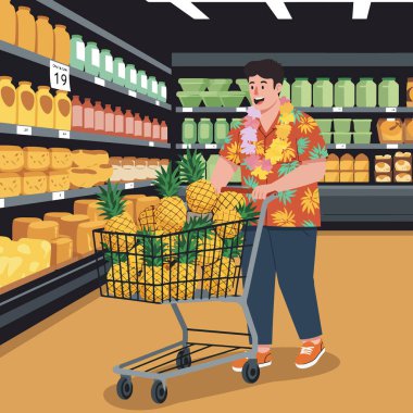 Hawaii gömlekli bir adam market koridorunda ananas dolu el arabasını itiyor; yaşam tarzı veya alışveriş içeriği için harika.