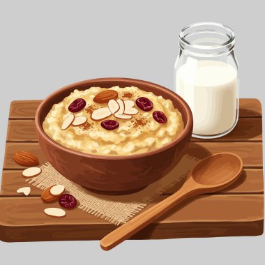 Badem ve yaban mersiniyle süslenmiş besleyici yulaf ezmesi sağlıklı gıda kavramları için ideal bir tahta yüzeyde sütün yanında oturur..