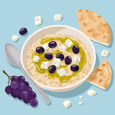 Üzümlü zeytin, peynir ve zeytinyağı ile kaplanmış bir kase yulaf ezmesi sağlıklı bir brunch seçeneği olarak afiyet olsun..