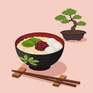 Resimli shiratama dango bir kase içinde bonsai ağacı eşliğinde geleneksel Japon mutfağı ya da kültürel projeler için ideal ortamı sergiliyor..