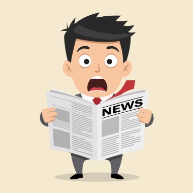 Karikatürist, ağzı açık bir şekilde gazete okurken şok olmuş gibi görünüyor. Medya ve günlük olayları resmettiğiniz için bunu bir düşünün..