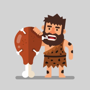 Karikatür mağara adamı hayvan derisi giyinirken büyük bir et parçasından zevk alıyor. Tarih ve mizah projeleri için kullanılıyor..