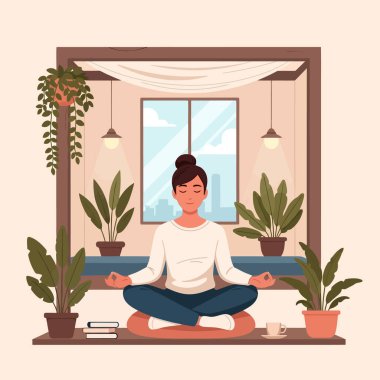 Nilüfer pozisyonunda meditasyon yapan sakin bir kadın. Huzurlu evinde bitkilerle çevrili. Sağlığını ve farkındalığını göstermek için mükemmel bir ortam..