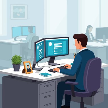 İş için modern ofis ortamında çift monitörlü bir masada çalışan kişi.