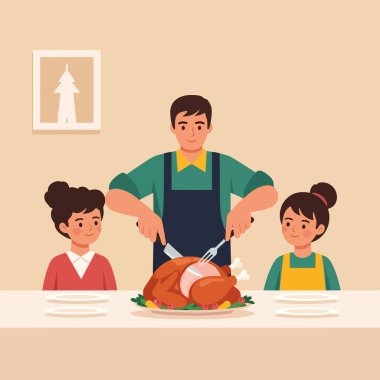Babam çocuklar için kızarmış hindiyi güzel bir aile yemeği kutlaması için oyuyor. Yemek çizimleri için mükemmel..