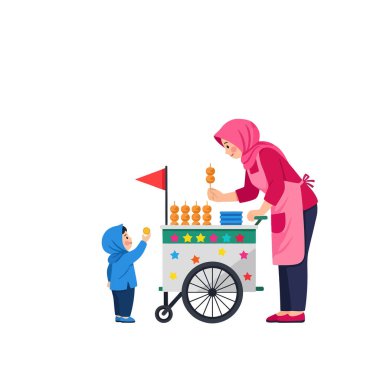 Başörtüsü takan kadın elinde bozuk para olan bir çocuğa sokak yemeği satıyor. Kültür ve yaşam tarzı illüstrasyonları için güzel bir sahne hazırlıyor..