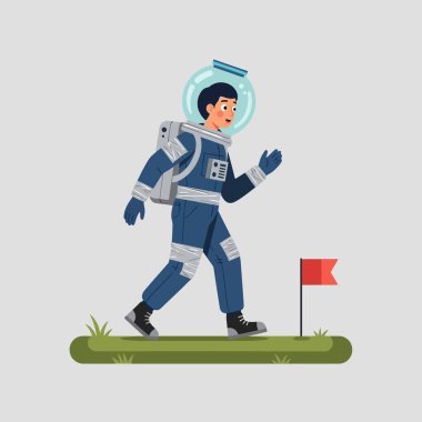 Uzay giysisi içindeki astronot kırmızı bayrağa doğru yürür. Uzay keşfi ve başarı kavramları için mükemmeldir..