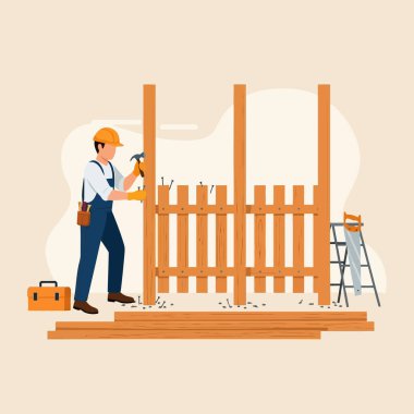 Ahşap çit inşaatına çivi çakan bir zanaatçının karikatür çizimi. Tamirat hizmetleri veya DIY projeleri için kullanın..