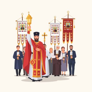 Bir rahip, elinde mum ve bayrak taşıyan bir fener taşıyan dini bir alayı yönetiyor. İnancı ve toplumu resmetmek için mükemmel..