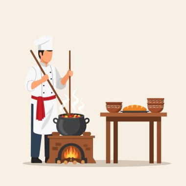 Bir aşçı yemek tenceresini ocağın üzerinde ateşle karıştırırken yemek hazırlıyor. Bu görüntü mutfak teması için harika..