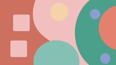 Üst üste binen daireler ve kareler ile soyut geometrik tasarım sessiz pastel renkler, modern, dengeli ve uyumlu bir kompozisyon oluşturur