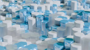 Üç boyutlu arka plan, cam altıgenler, mavi ve beyaz. Yükseklik olarak ayrılmış altıgenli dinamik arkaplan. Modern 3B tarzında.