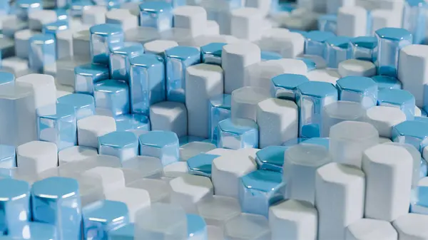 Üç boyutlu arka plan, cam altıgenler, mavi ve beyaz. Yükseklik olarak ayrılmış altıgenli dinamik arkaplan. Modern 3B tarzında.