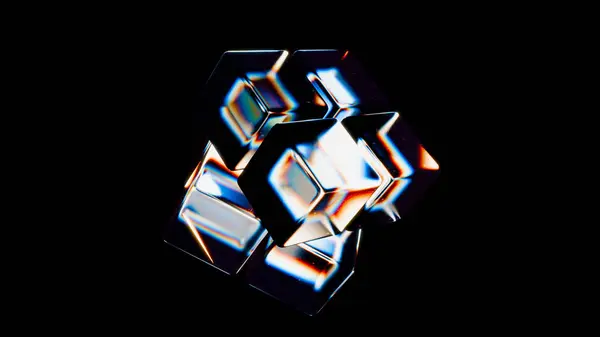  Camdan bir Rubik küpün 3 boyutlu görüntüsü. Cam soyut geometri 3D.