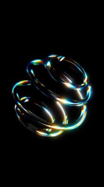 İzole edilmiş siyah arkaplan üzerinde gökkuşağı renk spektrum prizması etkisiyle geometrik şekillerin 3 boyutlu animasyonu