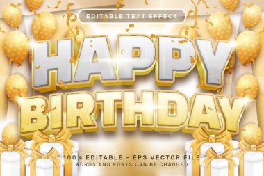 Mutlu yıllar 3D metin efekti ve kurdele ve hediye kutusu illüstrasyonuyla düzenlenebilir metin efekti