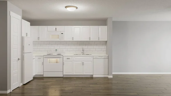 Kitchen Living Room White Appliances Empty Room Concept Render 로열티 프리 스톡 사진