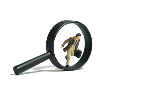 Miniature Tiny People Toy Figure Photography Businessman Running Magnifier Glass — Stock Photo, Image