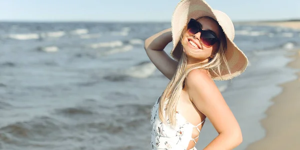 Happy Blonde Woman Free Happiness Bliss Ocean Beach Standing Sun — Stock Photo, Image