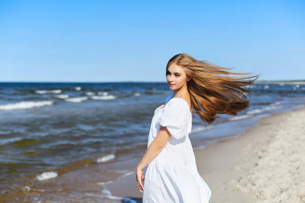 Happy Beautiful Woman Ocean Beach Standing White Summer Dress Portrait — Stock Photo, Image