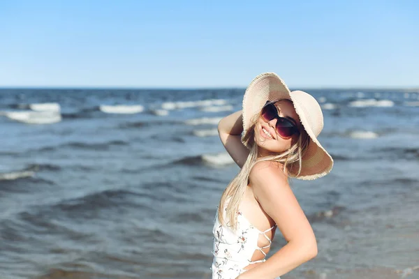 Happy Blonde Woman Free Happiness Bliss Ocean Beach Standing Sun — Stock Photo, Image